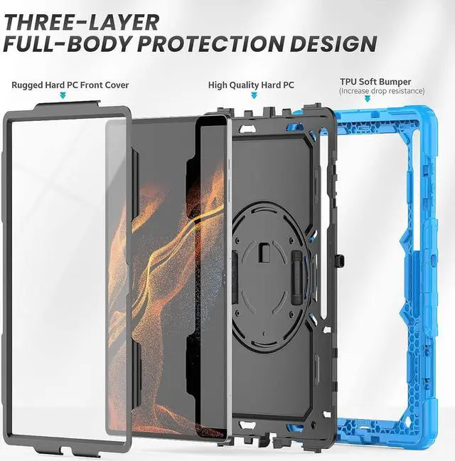Alt view image 3 of 7 - Full Body Protective Case for Samsung Galaxy Tab S8 Ultra 14.6 Inch, 3-Layer Rugged Military Grade Shockproof Case for Tab S8 Ultra with 360° Swivel Handle, S-Pen Holder, Shoulder Strap, Orange