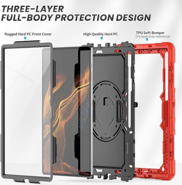 Alt view image 3 of 7 - Full Body Protective Case for Samsung Galaxy Tab S8 Ultra 14.6'', 3-Layer Rugged Military Grade Shockproof Case for Tab S8 Ultra with 360° Swivel Handle, S-Pen Holder, Shoulder Strap, Rose Red