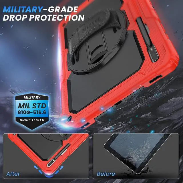 Alt view image 4 of 7 - Full Body Protective Case for Samsung Galaxy Tab S8 Ultra 14.6'', 3-Layer Rugged Military Grade Shockproof Case for Tab S8 Ultra with 360° Swivel Handle, S-Pen Holder, Shoulder Strap, Rose Red