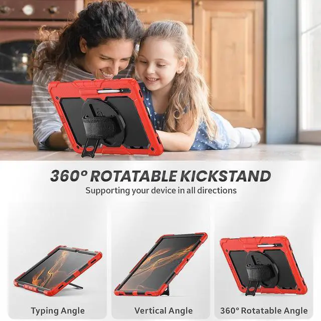 Alt view image 5 of 7 - Full Body Protective Case for Samsung Galaxy Tab S8 Ultra 14.6'', 3-Layer Rugged Military Grade Shockproof Case for Tab S8 Ultra with 360° Swivel Handle, S-Pen Holder, Shoulder Strap, Rose Red