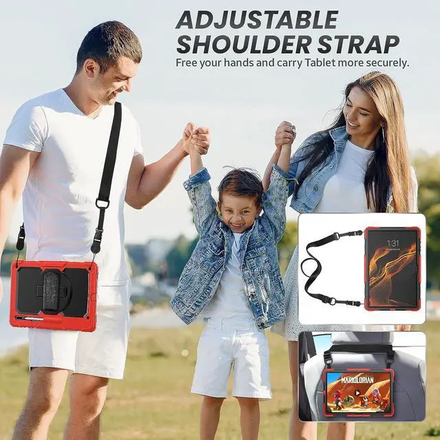 Alt view image 7 of 7 - Full Body Protective Case for Samsung Galaxy Tab S8 Ultra 14.6'', 3-Layer Rugged Military Grade Shockproof Case for Tab S8 Ultra with 360° Swivel Handle, S-Pen Holder, Shoulder Strap, Rose Red