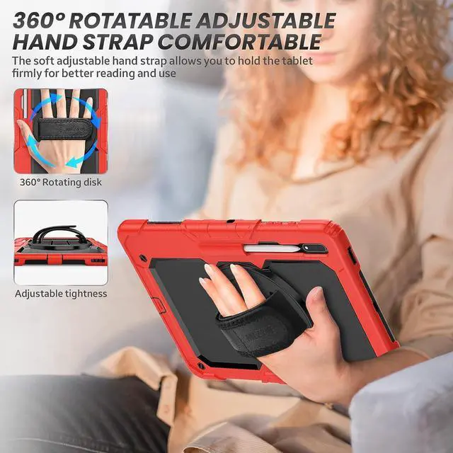 Alt view image 6 of 7 - Full Body Protective Case for Samsung Galaxy Tab S8 Ultra 14.6'', 3-Layer Rugged Military Grade Shockproof Case for Tab S8 Ultra with 360° Swivel Handle, S-Pen Holder, Shoulder Strap, Rose Red