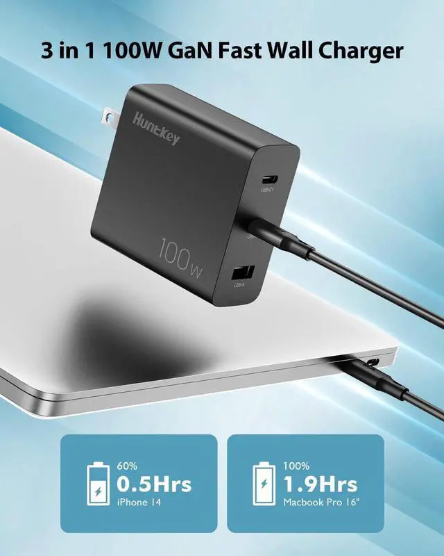 Alt view image 2 of 7 - Huntkey 100W USB C Charger with 2-Pack USB C Cable, 3-Port GaN PD Fast Power Adapter USB C Wall Charger Block for MacBook Pro/Air, Dell XPS, iPad, iPhone 14/14 Pro /13/13 Pro, Galaxy S23/S22/S21