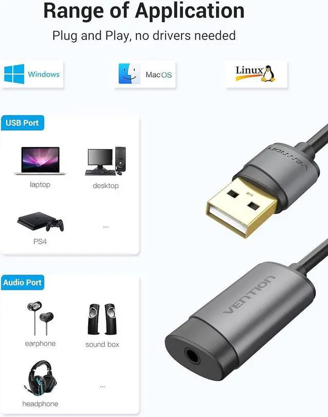 Alt view image 6 of 7 - USB Sound Card, VENTION 3.5mm Sound Card External USB Audio Adapter Compatible with pc Windows 10, MAC, Linux, Laptops, Desktops, PS5