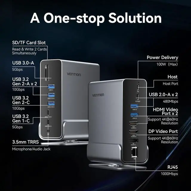 Alt view image 2 of 7 - Docking Station Dual Monitor, VENTION 15-in-1 Triple Display USB C Laptop Docking Station for MacBook Pro/Air, Thunderbolt 3/4, Dell, HP with Dual 4K HDMI, DP, 10Gbps USB, RJ45, Audio, SD/TF, 100W PD