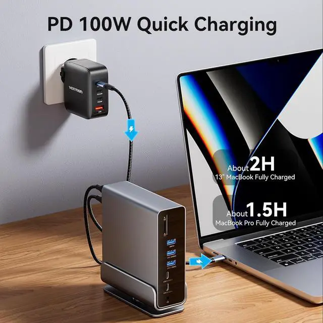 Alt view image 6 of 7 - Docking Station Dual Monitor, VENTION 15-in-1 Triple Display USB C Laptop Docking Station for MacBook Pro/Air, Thunderbolt 3/4, Dell, HP with Dual 4K HDMI, DP, 10Gbps USB, RJ45, Audio, SD/TF, 100W PD