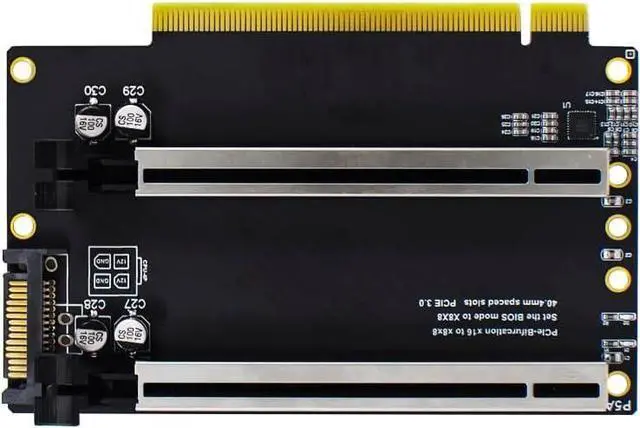 Alt view image 2 of 5 - PCI-E 3.0 x16 1 to 2 Expansion Card Gen3 Split Card PCIe-Bifurcation x16 to x8x8 with 20mm Spaced Slots CPU4P Power Supply Port (with 4Pin Cable Higher)