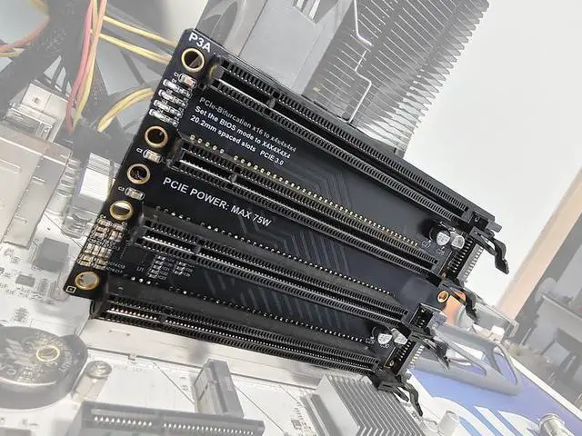 Alt view image 2 of 7 - PCI-E 3.0 x16 1 to 4 Split Card Gen3 PCIe-Bifurcation x16 to x4x4x4x4 Expansion Card 20.2mm Spaced Slots SATA Power Supply Port