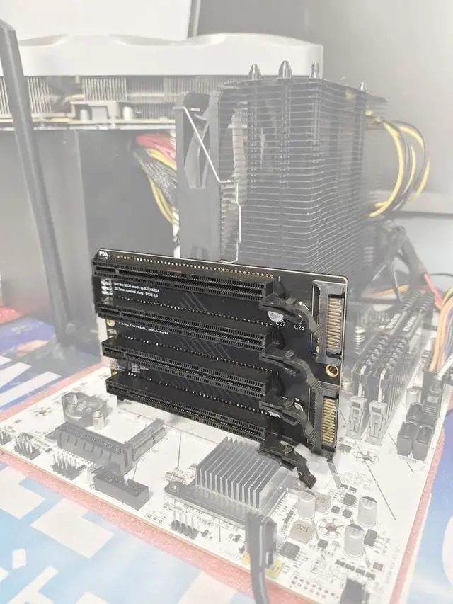 Alt view image 4 of 7 - PCI-E 3.0 x16 1 to 4 Split Card Gen3 PCIe-Bifurcation x16 to x4x4x4x4 Expansion Card 20.2mm Spaced Slots SATA Power Supply Port