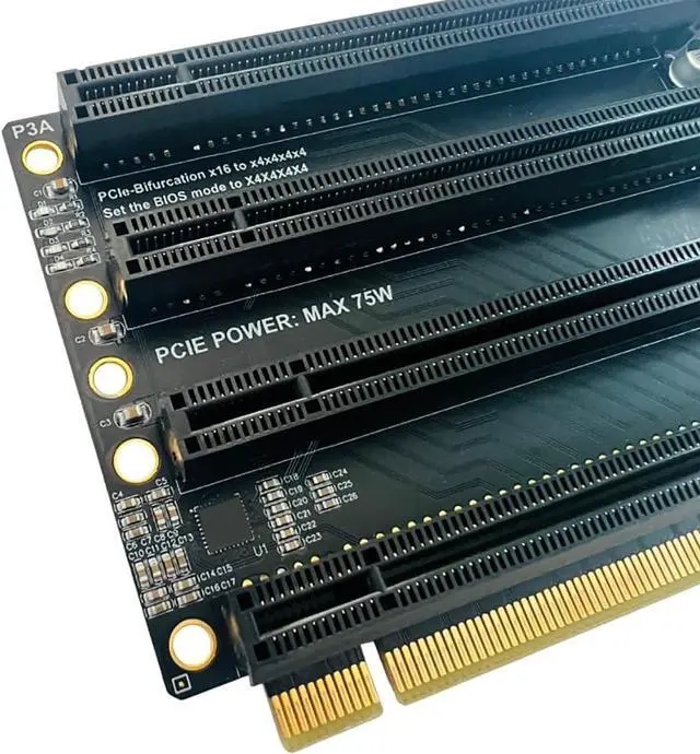 Alt view image 5 of 7 - PCI-E 3.0 x16 1 to 4 Split Card Gen3 PCIe-Bifurcation x16 to x4x4x4x4 Expansion Card 20.2mm Spaced Slots SATA Power Supply Port