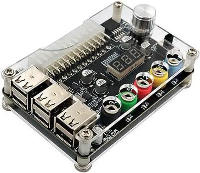 Main image of JMT 24 Pins ATX Power Supply Breakout Board and Acrylic Case Kit Module Adapter PC Power Connector Support 3.3V/5V/12V 1.8V-10.8V(ADJ) (1piece Black)