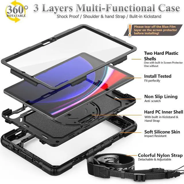 Alt view image 7 of 7 - for  Galaxy Tab S9/ S9 FE 5G Tablet Case 2023 with Screen Protector Pencil Holder [360 Rotating Hand Strap] &Stand Drop-Proof Case for Galaxy Tab S9 FE 10.9/ S9 11 Black1