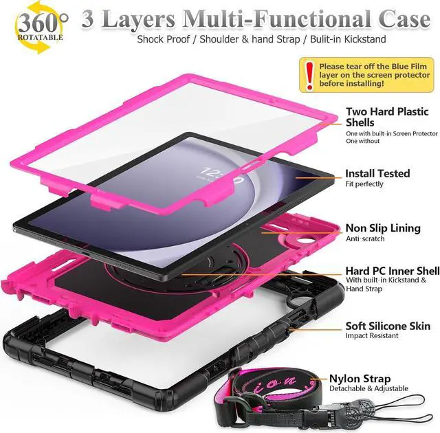 Alt view image 6 of 7 - 360 Hand Strap Shockproof Case for  Galaxy Tab A9 Plus 11 inch Pink+Black