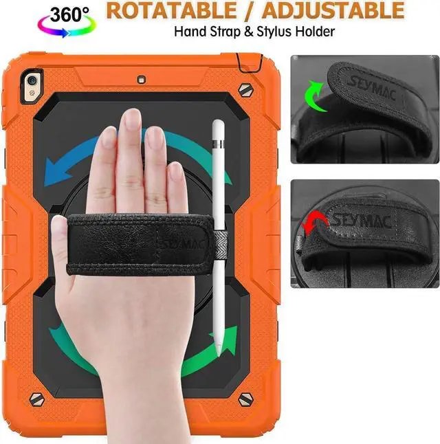 Alt view image 3 of 5 - Pad Air 3 2019 / Pro 10.5'' Case, Full-Body Drop Protection Case with Screen Protector Pen Holder [360° Rotate Hand Strap/Stand] for Pad Air 3rd Generation 10.5 inch (Black+Orange)