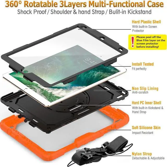 Alt view image 4 of 5 - Pad Air 3 2019 / Pro 10.5'' Case, Full-Body Drop Protection Case with Screen Protector Pen Holder [360° Rotate Hand Strap/Stand] for Pad Air 3rd Generation 10.5 inch (Black+Orange)
