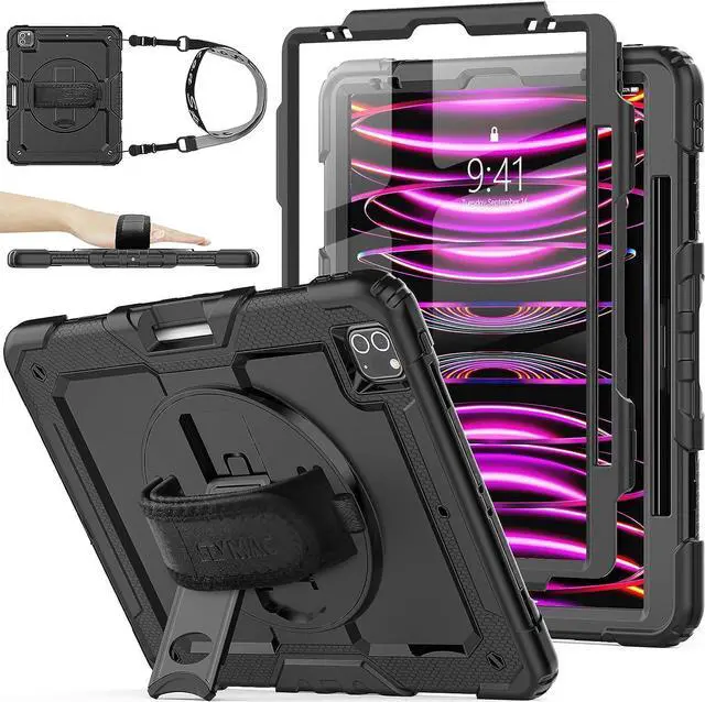 Main image of Case for iPad Pro 12.9'' 2022/2021/2020/2018 with Screen Protector 360 Rotating Stand Hand Strap, Drop-Proof Case for iPad Pro 12.9''(6th/5th/4th/3rd Generation), Black