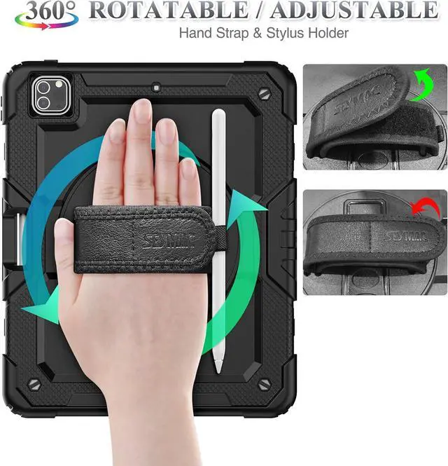 Alt view image 3 of 7 - Case for iPad Pro 12.9'' 2022/2021/2020/2018 with Screen Protector 360 Rotating Stand Hand Strap, Drop-Proof Case for iPad Pro 12.9''(6th/5th/4th/3rd Generation), Black
