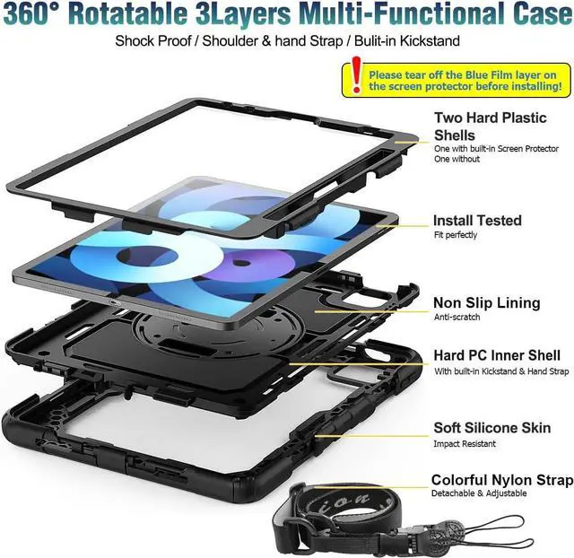 Alt view image 7 of 7 - Case for iPad Air 5th/4th Generation/Pro 11 (4th/3rd/2nd) with Screen Protector Pen Holder, 360 Rotate Hand Strap/Stand Case for iPad Air 5th/4th Gen 10.9''/ Pro 11'' (Brightblue+Black)