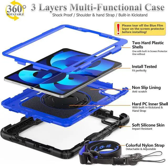 Alt view image 5 of 7 - Case for Pad Air 5th/4th Generation/Pro 11 (4th/3rd/2nd), Full-Body Drop Protection Case with Screen Protector Pen Holder 360° Rotate Hand Strap/Stand for Pad 10.9/11(Blue+Black)