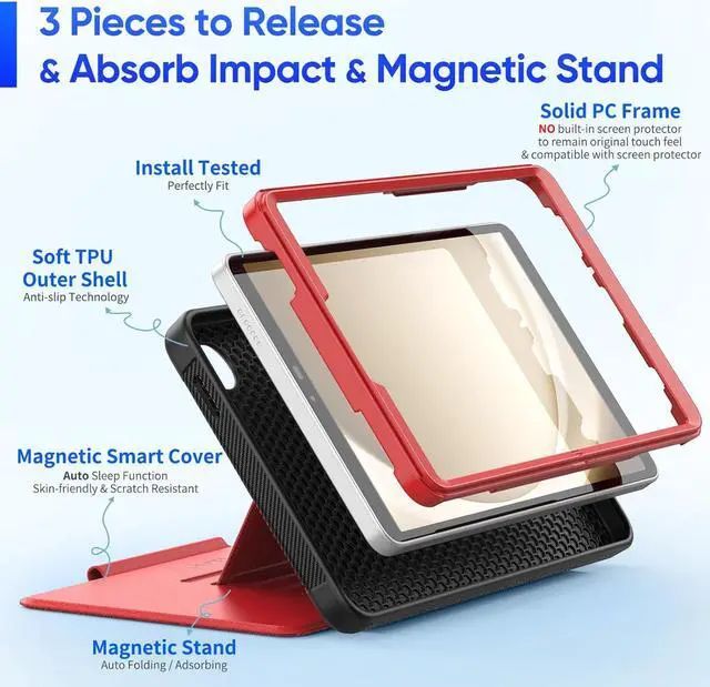 Alt view image 6 of 7 - for Galaxy Tab A9 5G Tablet Case 8.7'', Smart Auto Sleep Cover with Magnetic Multi-Angles Stand, Card Slot for Galaxy Tab A9 8.7'' SM-X110/X115/X117 (Red)