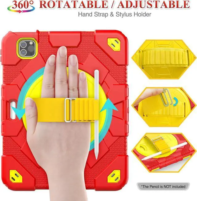 Alt view image 2 of 7 - Pad Air 5th/4th Generation/Pro 11 (4th/3rd/2nd) Case, Full-Body Drop Protection Case with Meshdesign Screen Protector Pen Holder [360° Rotate Hand Strap/Stand] (Red+Yellow)