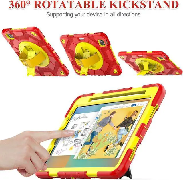 Alt view image 3 of 7 - Pad Air 5th/4th Generation/Pro 11 (4th/3rd/2nd) Case, Full-Body Drop Protection Case with Meshdesign Screen Protector Pen Holder [360° Rotate Hand Strap/Stand] (Red+Yellow)