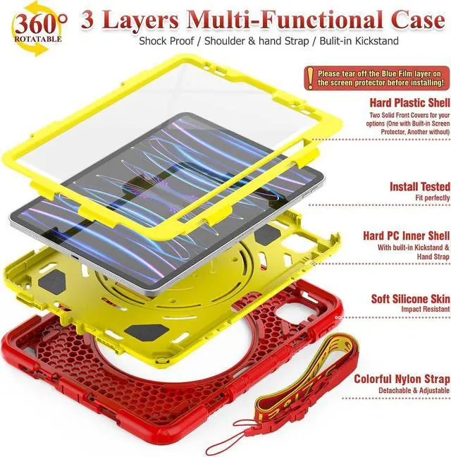 Alt view image 5 of 7 - Pad Air 5th/4th Generation/Pro 11 (4th/3rd/2nd) Case, Full-Body Drop Protection Case with Meshdesign Screen Protector Pen Holder [360° Rotate Hand Strap/Stand] (Red+Yellow)