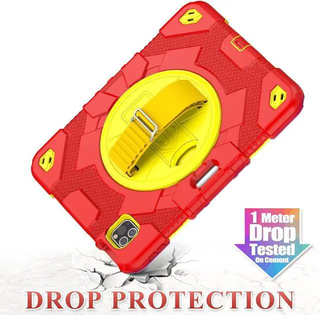 Alt view image 6 of 7 - Pad Air 5th/4th Generation/Pro 11 (4th/3rd/2nd) Case, Full-Body Drop Protection Case with Meshdesign Screen Protector Pen Holder [360° Rotate Hand Strap/Stand] (Red+Yellow)