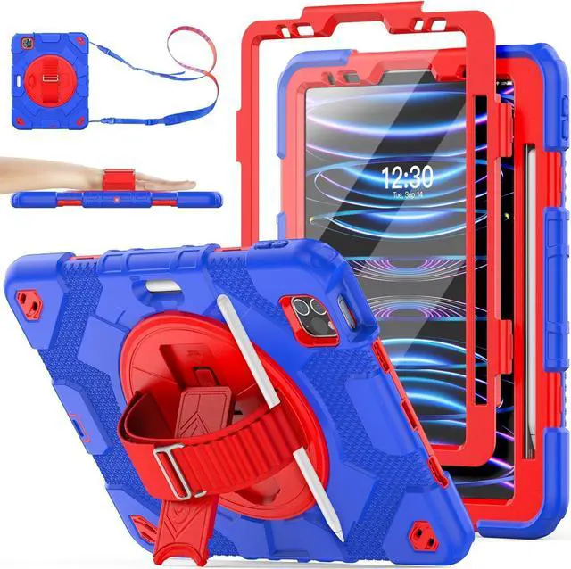 Main image of Pad Air 5th/4th Generation/Pro 11 (4th/3rd/2nd) Case, Full-Body Drop Protection Case with Meshdesign Screen Protector Pen Holder [360° Rotate Hand Strap/Stand] (Blue+Red)