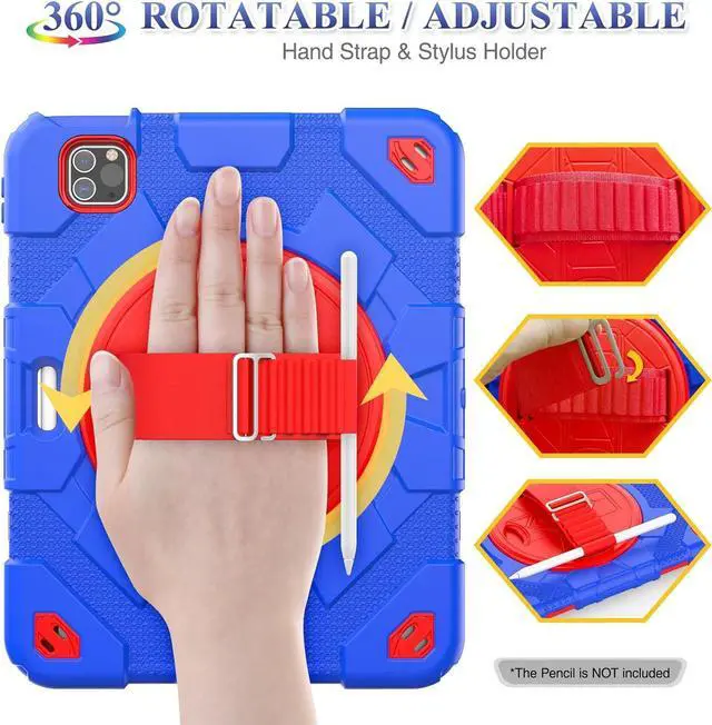 Alt view image 2 of 7 - Pad Air 5th/4th Generation/Pro 11 (4th/3rd/2nd) Case, Full-Body Drop Protection Case with Meshdesign Screen Protector Pen Holder [360° Rotate Hand Strap/Stand] (Blue+Red)