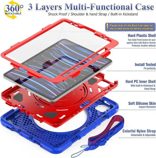 Alt view image 5 of 7 - Pad Air 5th/4th Generation/Pro 11 (4th/3rd/2nd) Case, Full-Body Drop Protection Case with Meshdesign Screen Protector Pen Holder [360° Rotate Hand Strap/Stand] (Blue+Red)