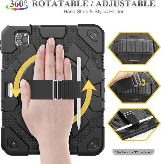 Alt view image 2 of 7 - Pad Air 5th/4th Generation/Pro 11 (4th/3rd/2nd) Case, Full-Body Drop Protection Case with Meshdesign Screen Protector Pen Holder [360° Rotate Hand Strap/Stand] (Black)