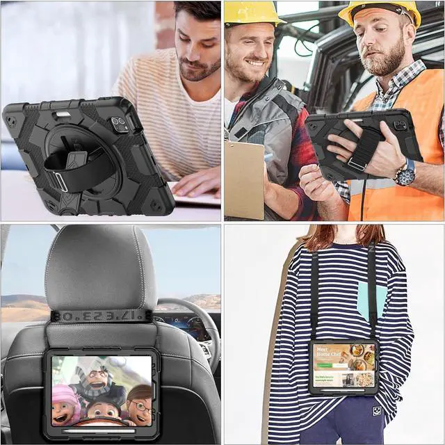 Alt view image 4 of 7 - Pad Air 5th/4th Generation/Pro 11 (4th/3rd/2nd) Case, Full-Body Drop Protection Case with Meshdesign Screen Protector Pen Holder [360° Rotate Hand Strap/Stand] (Black)