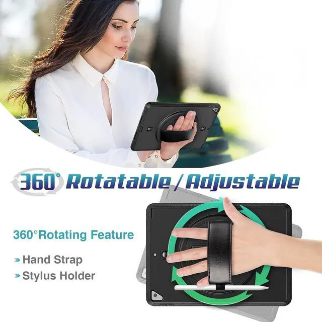 Alt view image 2 of 7 - Case for iPad 9th/ 8th/ 7th Generation 10.2 Inch 2021/2020/ 2019, Full-Body Case with 360 Rotating Stand & Hand Strap [Pen Holder] [Screen Protector] - Black