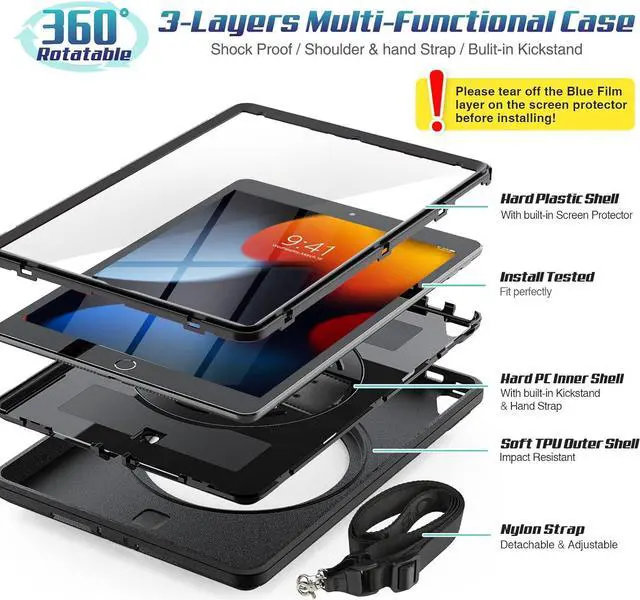 Alt view image 5 of 7 - Case for iPad 9th/ 8th/ 7th Generation 10.2 Inch 2021/2020/ 2019, Full-Body Case with 360 Rotating Stand & Hand Strap [Pen Holder] [Screen Protector] - Black