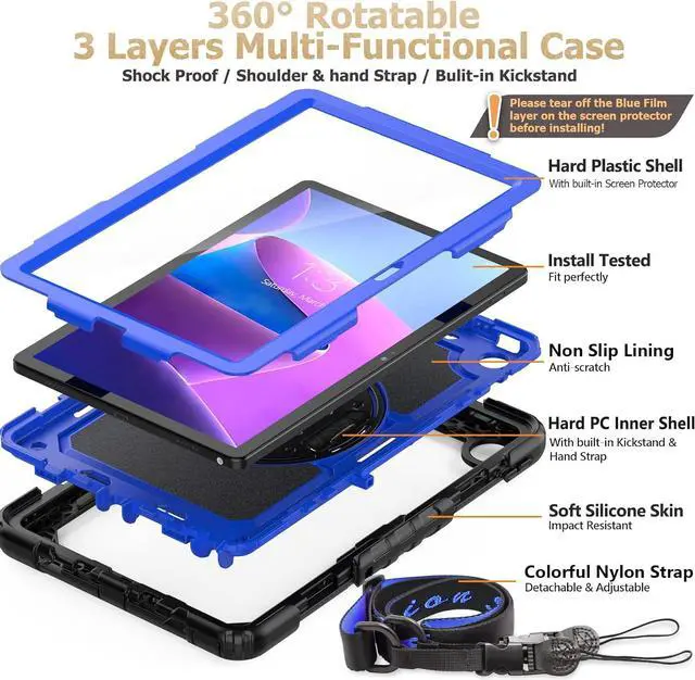 Alt view image 6 of 6 - Tab M10 Plus 3rd Gen (TB-125F/128F) 10.6" Case with Screen Protector, Drop-Proof Protection Case with 360° Rotating Stand &Strap [Pen Holder] for Tab, Blue+Black