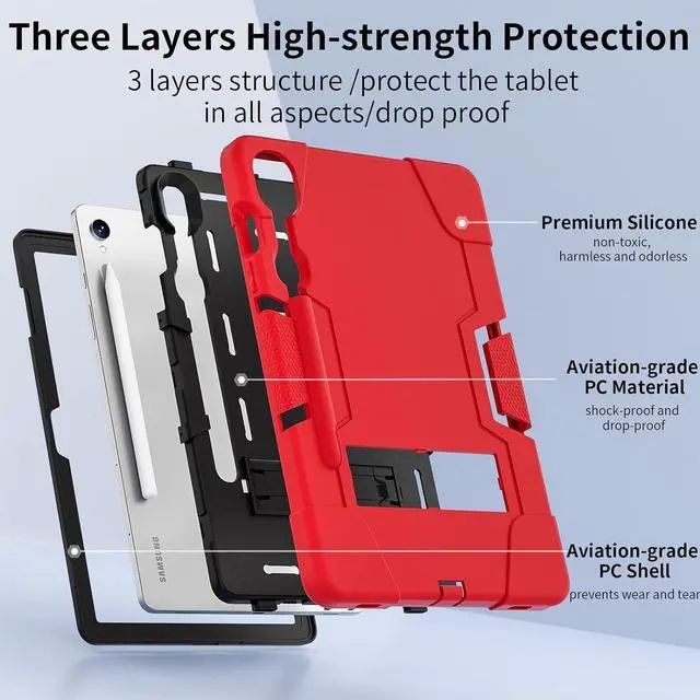 Alt view image 2 of 7 - Shockproof Kickstand Case for Galaxy Tab S9 11''/S9 FE 10.9'', Heavy Duty Hybrid Rugged Three Layer Soft Silicone+Hard PC with S-Pen Holder Cover for  Tab S9/S9 FE 2023 (Red)