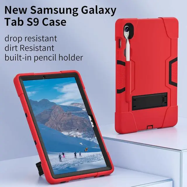Alt view image 5 of 7 - Shockproof Kickstand Case for Galaxy Tab S9 11''/S9 FE 10.9'', Heavy Duty Hybrid Rugged Three Layer Soft Silicone+Hard PC with S-Pen Holder Cover for  Tab S9/S9 FE 2023 (Red)