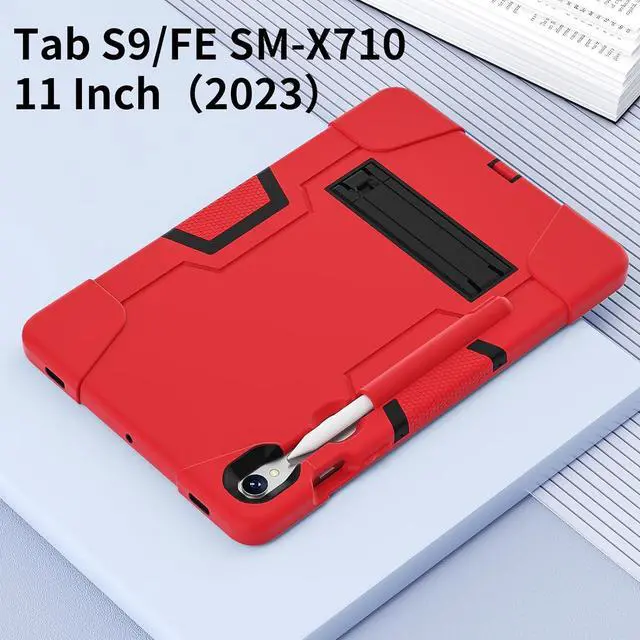 Alt view image 6 of 7 - Shockproof Kickstand Case for Galaxy Tab S9 11''/S9 FE 10.9'', Heavy Duty Hybrid Rugged Three Layer Soft Silicone+Hard PC with S-Pen Holder Cover for  Tab S9/S9 FE 2023 (Red)