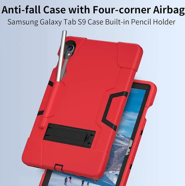 Alt view image 4 of 7 - Shockproof Kickstand Case for Galaxy Tab S9 11''/S9 FE 10.9'', Heavy Duty Hybrid Rugged Three Layer Soft Silicone+Hard PC with S-Pen Holder Cover for  Tab S9/S9 FE 2023 (Red)