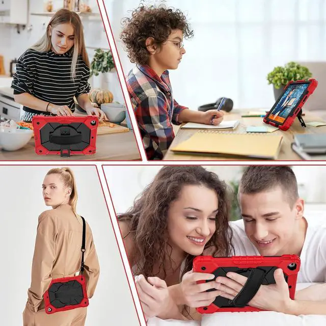 Alt view image 4 of 7 - Case for Pad 9th/8th/7th Gen 10.2''Shockproof Rugged Heavy Duty Hybrid PC+TPU 360° Rotating Hand Strap&Kickstand Shoulder Strap for  10.2 inch Pad 9/8/7 2021/2020/2019 (Red)