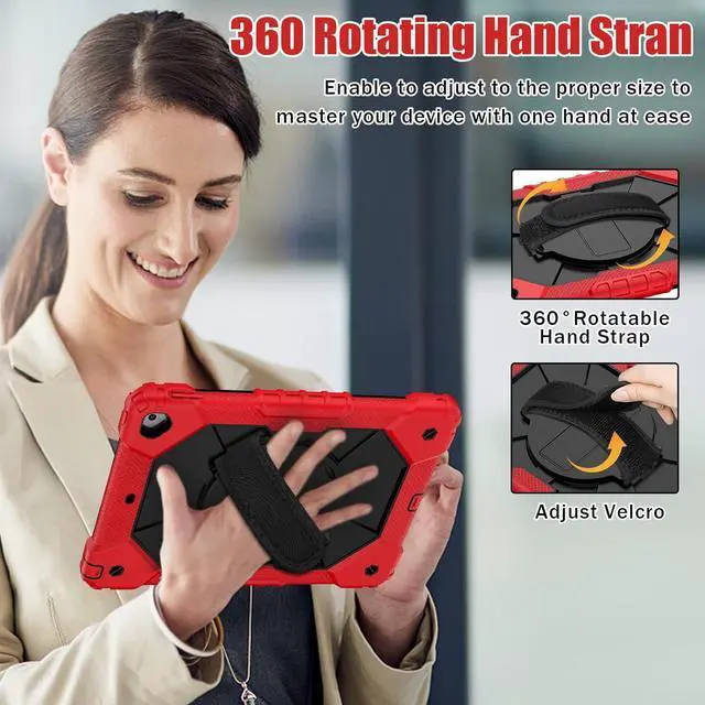 Alt view image 3 of 7 - Case for Pad 9th/8th/7th Gen 10.2''Shockproof Rugged Heavy Duty Hybrid PC+TPU 360° Rotating Hand Strap&Kickstand Shoulder Strap for  10.2 inch Pad 9/8/7 2021/2020/2019 (Red)