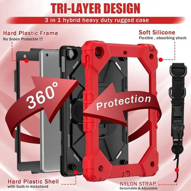 Alt view image 6 of 7 - Case for Pad 9th/8th/7th Gen 10.2''Shockproof Rugged Heavy Duty Hybrid PC+TPU 360° Rotating Hand Strap&Kickstand Shoulder Strap for  10.2 inch Pad 9/8/7 2021/2020/2019 (Red)