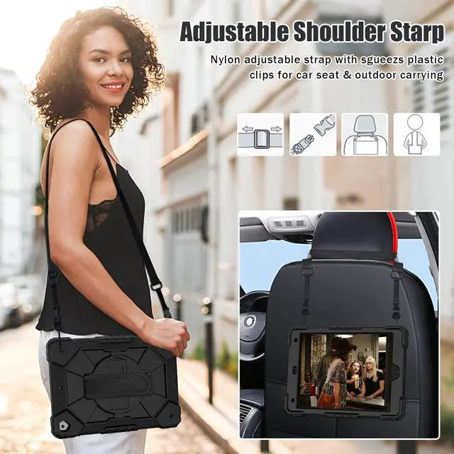 Alt view image 4 of 7 - Case for Pad 9th/8th/7th Gen 10.2''Shockproof Rugged Heavy Duty Hybrid PC+TPU 360° Rotating Hand Strap&Kickstand Shoulder Strap for  10.2 inch Pad 9/8/7 2021/2020/2019 (Black)