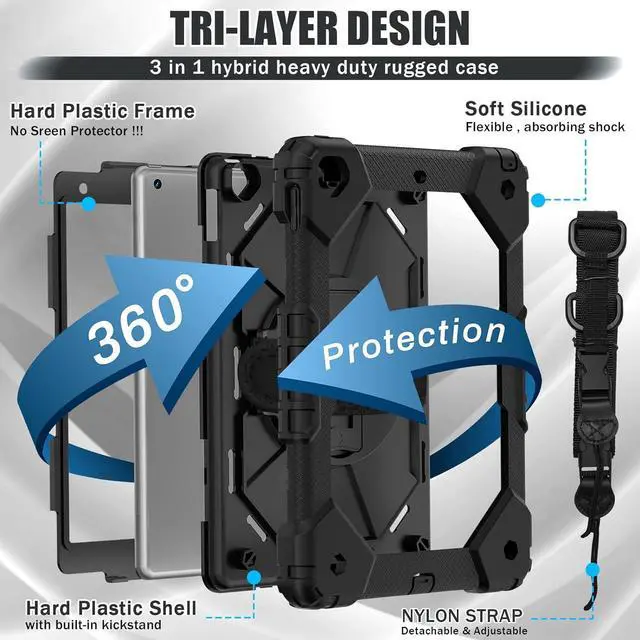 Alt view image 6 of 7 - Case for Pad 9th/8th/7th Gen 10.2''Shockproof Rugged Heavy Duty Hybrid PC+TPU 360° Rotating Hand Strap&Kickstand Shoulder Strap for  10.2 inch Pad 9/8/7 2021/2020/2019 (Black)