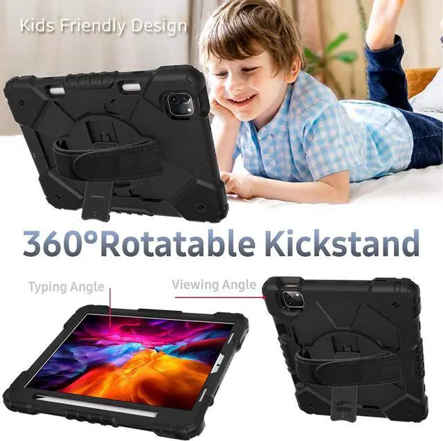 Alt view image 3 of 7 - Case for Pad Air 5th/4th 10.9'' 2022/2020, Pad Pro 11'', Shockproof Rugged Heavy Duty PC+TPU with 360° Rotating Hand Strap&Kickstand Shoulder Strap for  Pad Pro 1/2/3/4 (Black)