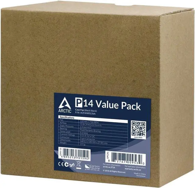 Alt view image 5 of 5 - ARCTIC P14 (5 Pack) - 140 mm Case Fan, Pressure-optimised, Quiet Motor, Computer, Fan Speed: 1700 RPM - Black