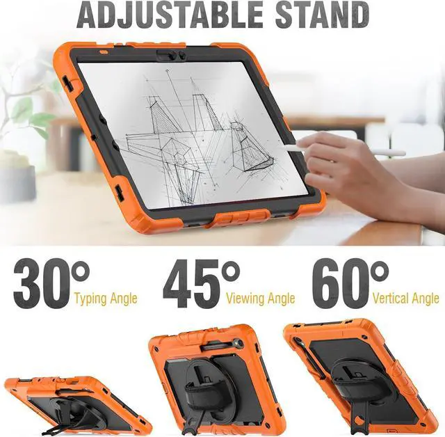 Alt view image 5 of 7 - Protective for Galaxy Tab S9 / S9 FE 5G Case with Hand Strap/Screen Protector/Pen Holder, Heavy Duty Shockproof  Galaxy S9 FE Tablet Case 10.9 / 11, Orange