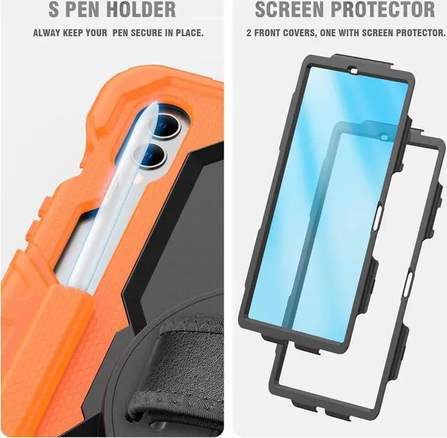 Alt view image 7 of 7 - Protective for Galaxy Tab S9 / S9 FE 5G Case with Hand Strap/Screen Protector/Pen Holder, Heavy Duty Shockproof  Galaxy S9 FE Tablet Case 10.9 / 11, Orange