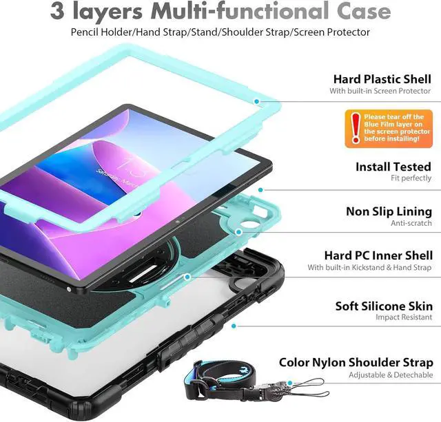 Alt view image 7 of 7 - for  Tab M10 Plus 3rd Gen Case 10.6 Inch with Screen Protector/Rotating Hand Strap/Stand, 3-Layer Protective M10 Plus Tablet Case (TB-125FU TB-128FU TB-128XU) Cover 2022, Light Blue